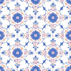 Floral pattern design featuring blue and pink motifs on a white background.