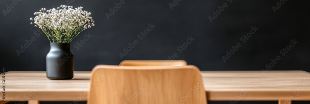 Aufkleber minimalist education setting natural wooden desk and black vase on chalkboard background - modern cl