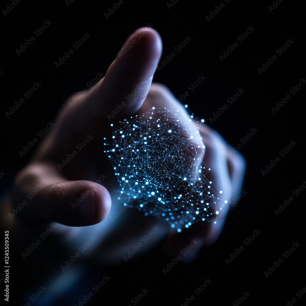 Poster Interactive Digital Transformation Holographic Interface with Networked Nodes - Tech Industry Innovation for Enhanced Data Visualization and Strategic Business Solutions