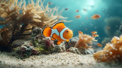 Fototapeta premium Stunning image of a vibrant clownfish swimming amongst the lush colorful coral reef in an underwater marine ecosystem