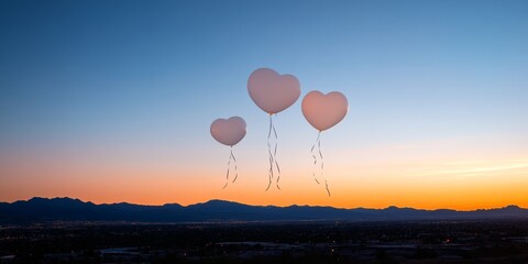 Uplifting Urban Celebration Heart-Shaped Balloons at Sunset Over Cityscape - Joyful Event and Festive Marketing for Modern Lifestyle Promotion