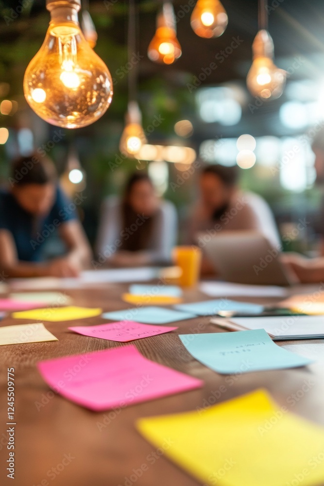 Poster creative collaboration hub diverse group brainstorming with colorful sticky notes and warm lighting 