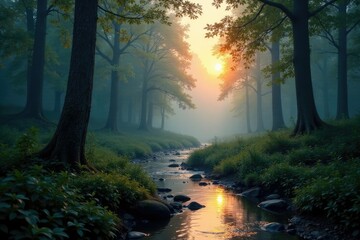 Naklejka premium Misty forest at dusk with a winding creek in the foreground, foliage, peaceful, trees