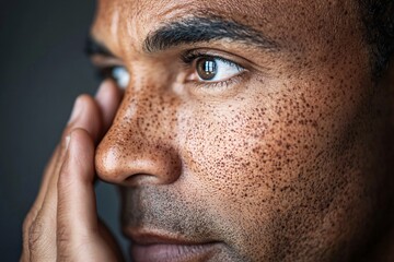 Thoughtful Man with Freckles Close up Portrait Pensive Expression Dark Skin Hand on Face