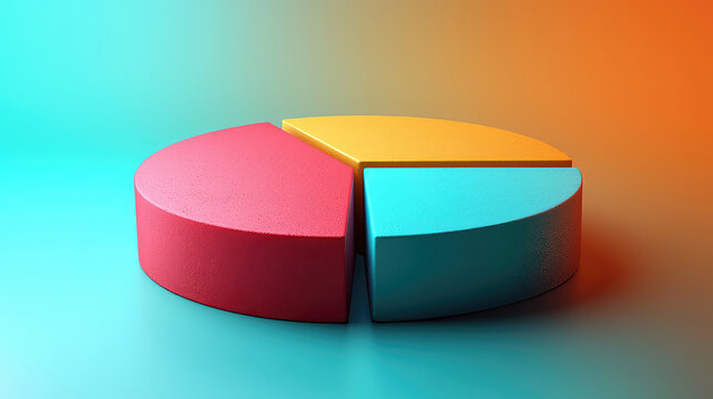 3D rendered pie chart with three segments in red, blue, and yellow, against a teal and orange gradient background.