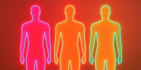 Leadership development confidence adaptability concept. Neon silhouettes of three human figures against a vibrant background.