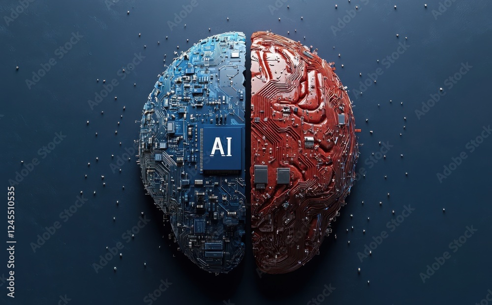 Poster conceptual representation of artificial intelligence with human brain imagery and circuit patterns s