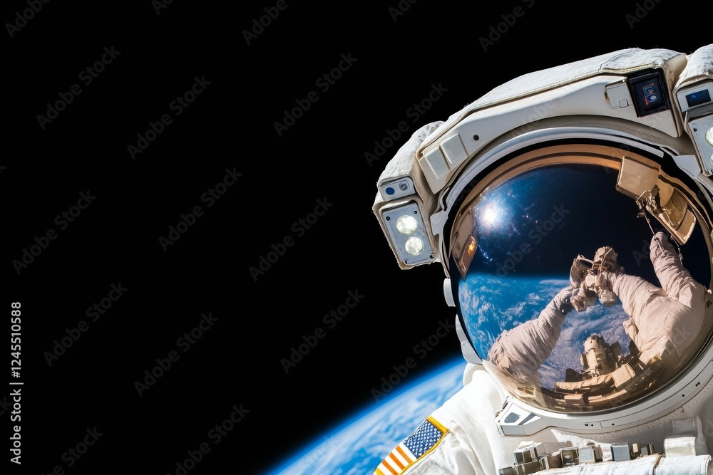 Poster futuristic space exploration visual astronauts reflected adventure in detailed spacesuit - scientifi