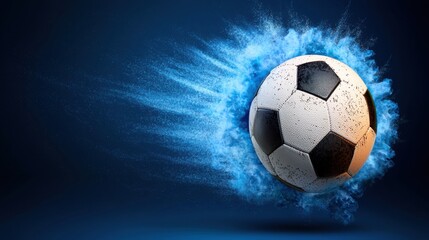Naklejka premium Spinning Soccer Ball with Vibrant Holographic Energy Burst in a Futuristic Blue Background