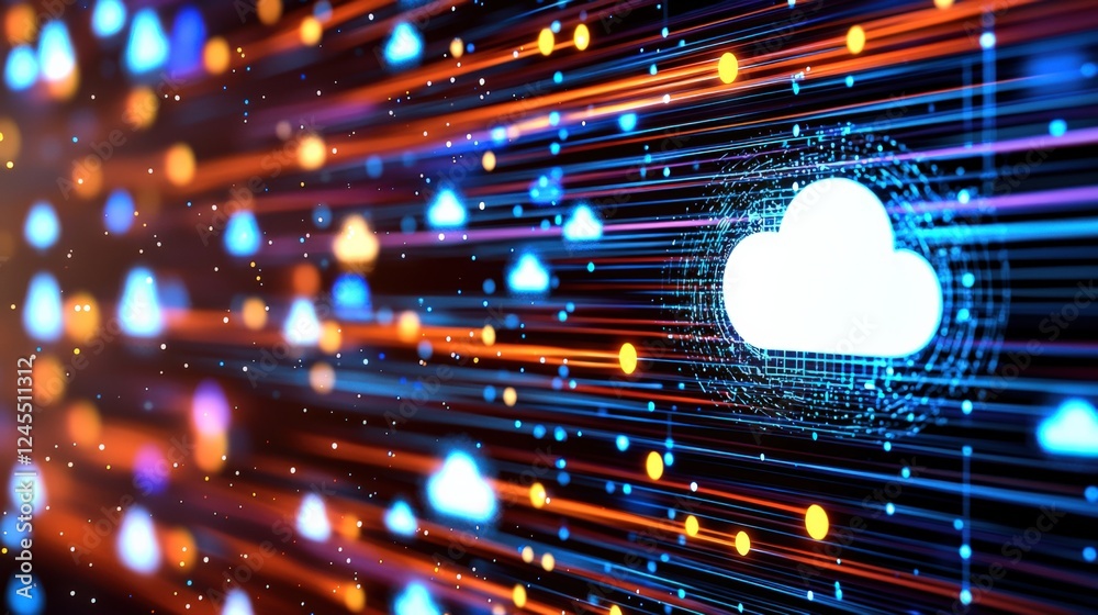 Poster dynamic cloud computing data transfer digital environment graphic visualization virtual space abstra