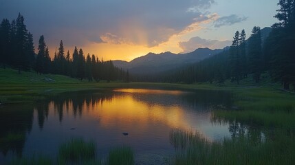 Fototapeta premium Serene sunset reflecting on a calm mountain lake.