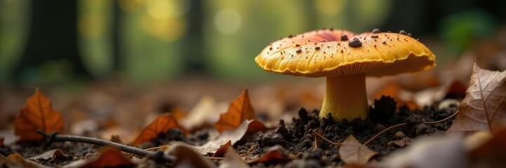 Fungal growth in autumn forest with dry leaves, forest floor, earthy atmosphere, leaf litter