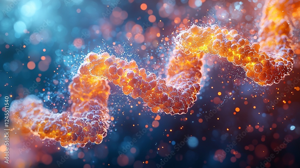 Poster microscopic 3d render of dna strand glowing orange helix genetic code science background