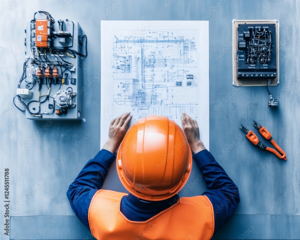 Poster industrial blueprint dynamics overhead view of engineering expertise on metal surface - technical ma
