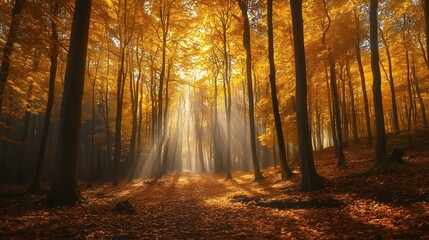 Fototapeta premium Golden Autumn Forest Path: Sunbeams Through the Trees