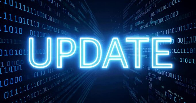 Digital Update Concept with Glowing Text and Binary Code Background

