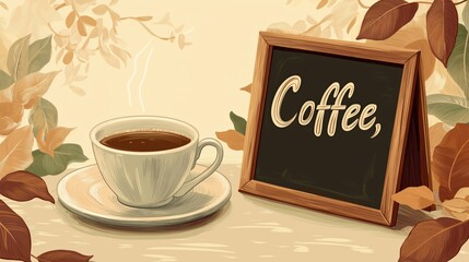 Cup of coffee with a small board of text and copy space for text in vector illustration