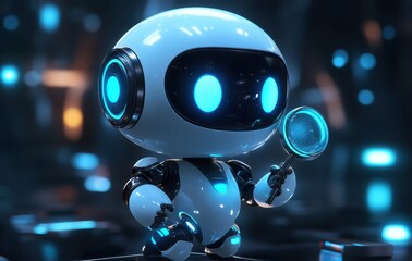 Fototapeta premium Cute robot character holding magnifying glass, exploring futuristic environment, glowing lights, playful and friendly design, digital art, imaginative concept