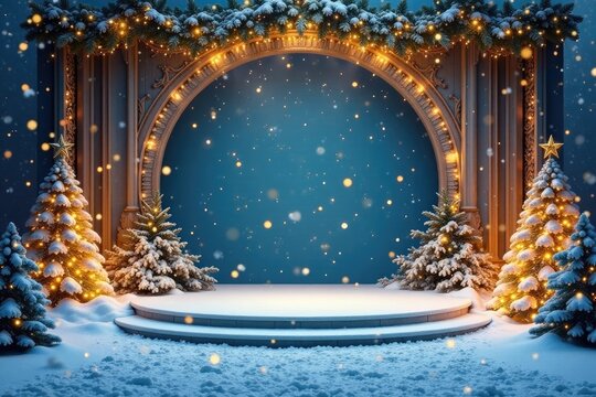 Frosty snow-covered stage with gold accents and sparkling lights, elegant decor, snowy scene, frosted wood