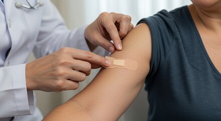 Doctor Applying Band-Aid to Patient's Arm After Vaccination