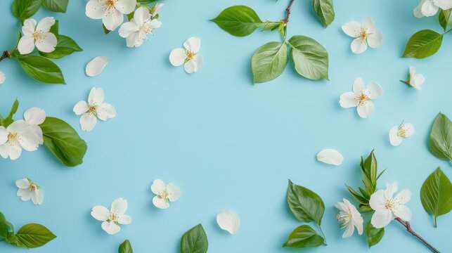 Beauty background with facial cosmetic products, leaves and cherry blossom on pastel blue desktop background. Modern spring skin care layout, top view, flat lay.