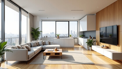 Fototapeta premium Elegant Minimalist Living Room with Crisp White Walls, Modern Furniture, and Warm Wooden Flooring, Creating a Contemporary Space for Relaxation