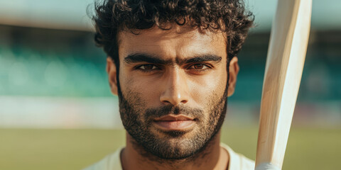 Intense Male Athlete Holding Cricket Bat on Field
