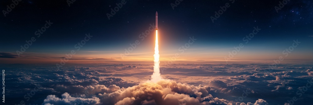 Poster galactic innovation rocket launch with fiery trail amidst starry sky - advanced space exploration vi