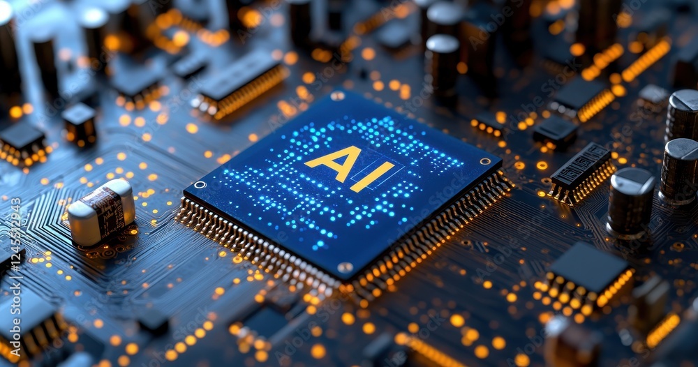 Poster detailed close-up view of a computer circuit board with an artificial intelligence chip showcasing i
