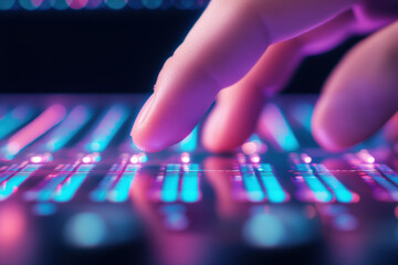 Close Up of Hand Adjusting Audio Mixer with Colorful LED Lights