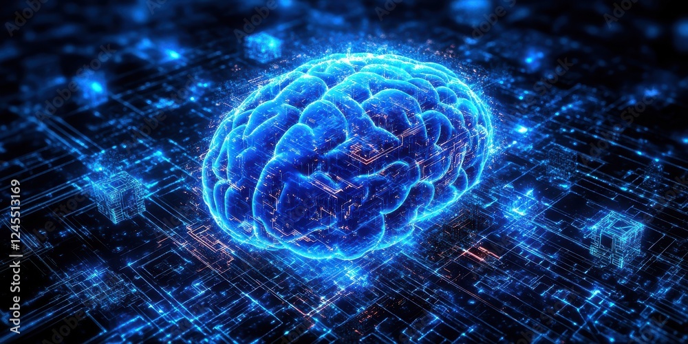 Poster digital brain concept with glowing circuitry elements representing artificial intelligence and neura