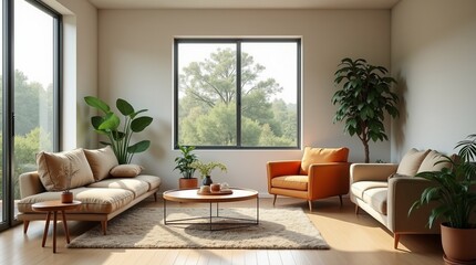 Spacious Modern Minimalist Living Room with a Large Window, Ideal for Interior Design Inspiration and Stock Photography