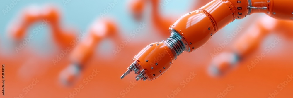 Poster Futuristic Robotic Arm in Sleek Orange Advanced Industrial Materials and Precision Engineering for Modern Manufacturing Automation in Tech-driven Environments