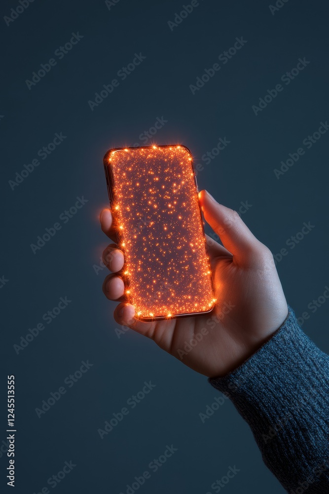 Poster futuristic holographic smartphone interface illuminated connectivity in hand high-tech digital marke