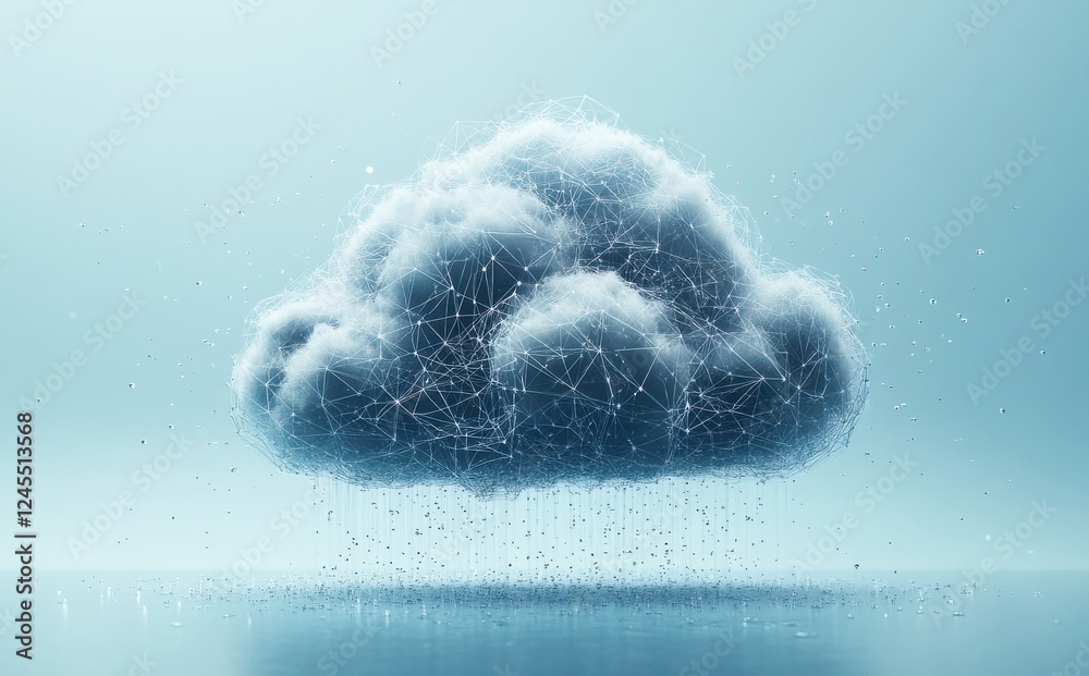 Poster digital cloud formation with abstract connections and data visualization elements representing techn
