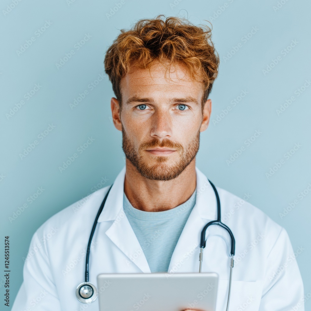 Poster digital healthcare transformation male doctor with stethoscope using cutting-edge tablet interface -