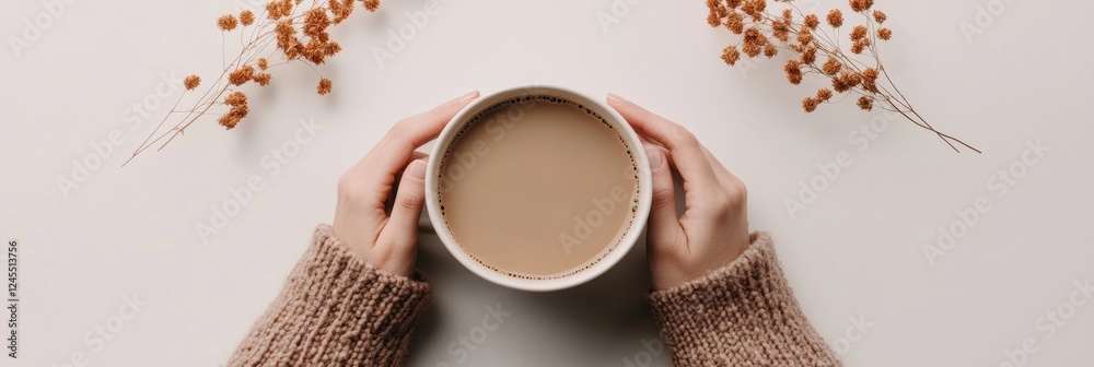 Poster Modern Cozy Workspace with Latte and Autumn Aesthetic Textured Wool Sweater and Minimal Design for Relaxed Remote Work and Mindful Productivity