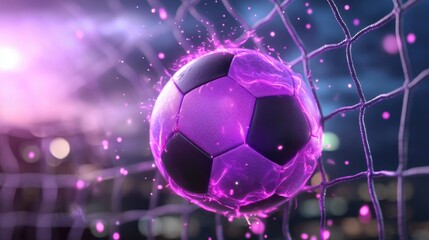 Naklejka premium Vibrant digital depicting a glowing soccer ball colliding with a goal in a dynamic futuristic stadium setting with pulsing lights and energy
