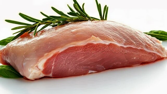 Fresh raw pork fillet with herbs on white background  culinary preparation sequence