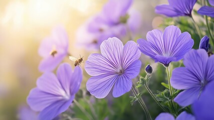 Fototapeta premium Flowers With Bee In Sunlight Garden