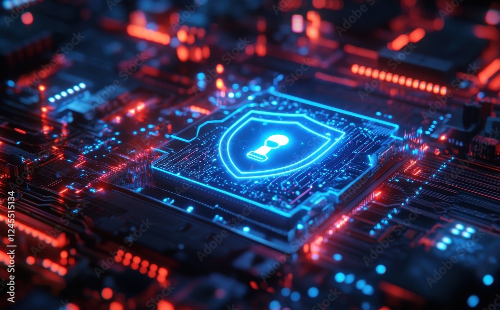 Poster digital cybersecurity concept with shield and lock on a high-tech circuit board surrounded by glowin