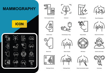 Photography Mammography thin line icons set: ultrasound, breast radiography, nipple changes, lump on the breast, biopsy. vector illustration