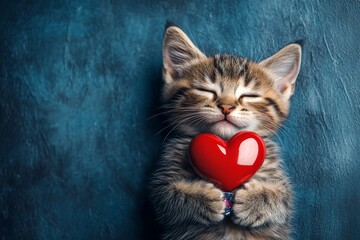 Digital ads idea. Cute american bobtail feline infant with diamond red heart - emblem of love, funny greeting card. American bobtail - my desired cat. Adorable love pet. February 14 love.