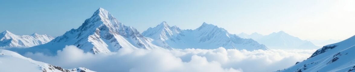 Fototapeta premium A snow-covered mountain range stretches towards the sky, its peaks and slopes shrouded in mist, serenity, frozen terrain, mountain range