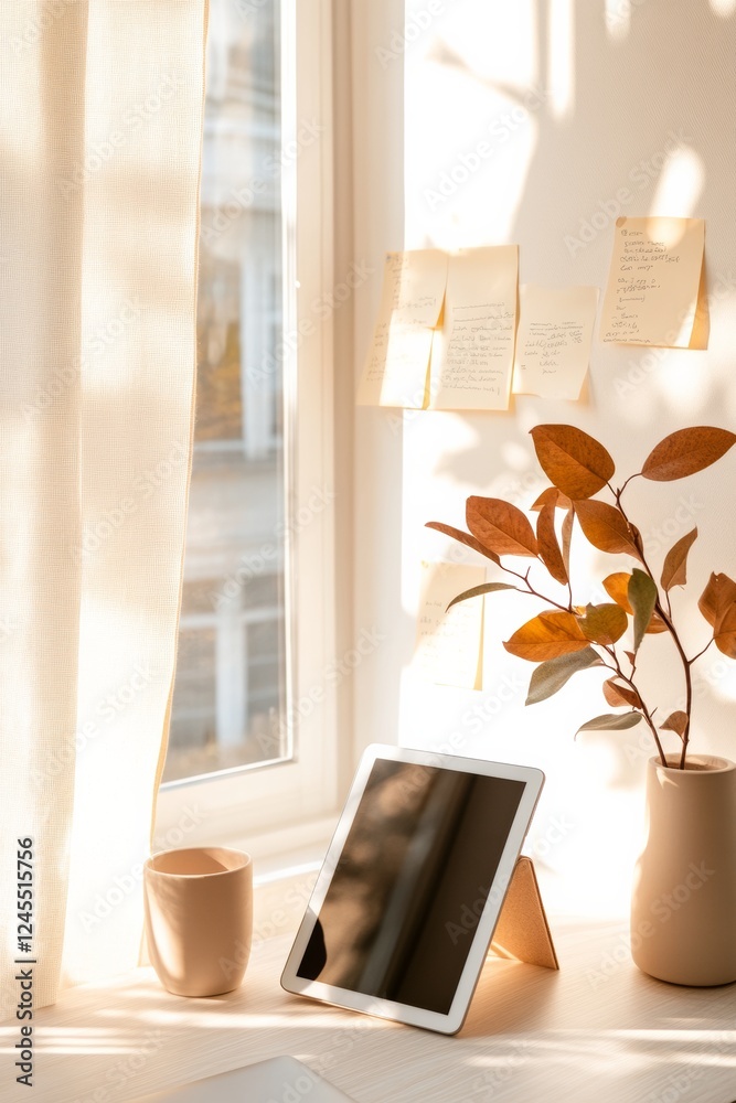 Aufkleber contemporary workspace serenity minimalist tablet stand with sticky notes and soft morning light - b