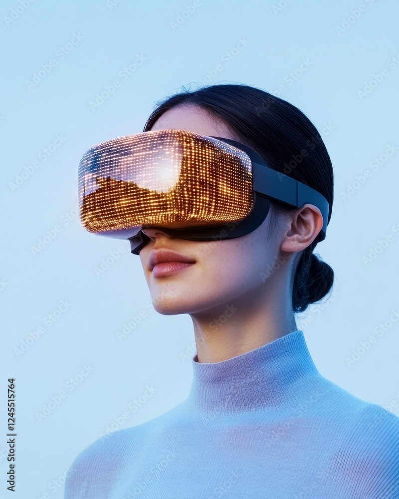 Poster Futuristic Augmented Reality Experience Sleek Digital Headset with Infographic Overlay - Tech Innovation for Interactive Entertainment and Professional Visualization