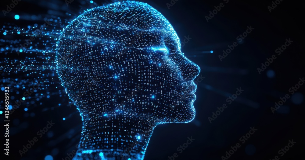 Poster digital human portrait with data points and binary code, symbolizing artificial intelligence and vir