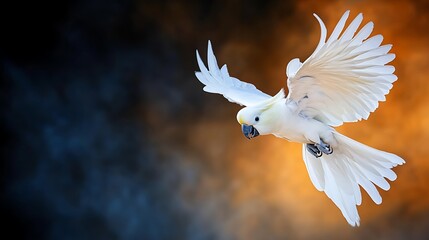 A majestic white cockatoo soaring through a vibrant, smoky backdrop of orange and blue hues