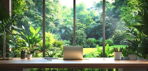 A relaxing virtual background of a home office setup with a view of a lush green garden through large windows