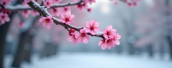 A single pink cherry blossom branch hanging from a bare tree in winter snow, cold, trees
